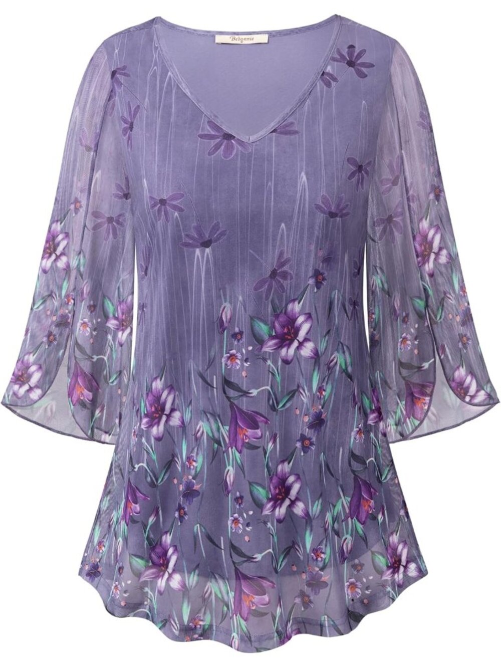 Bebonnie Women's Top Purple Ruffle 3/4 Sleeves V Neck Double Layers Mesh Blouses